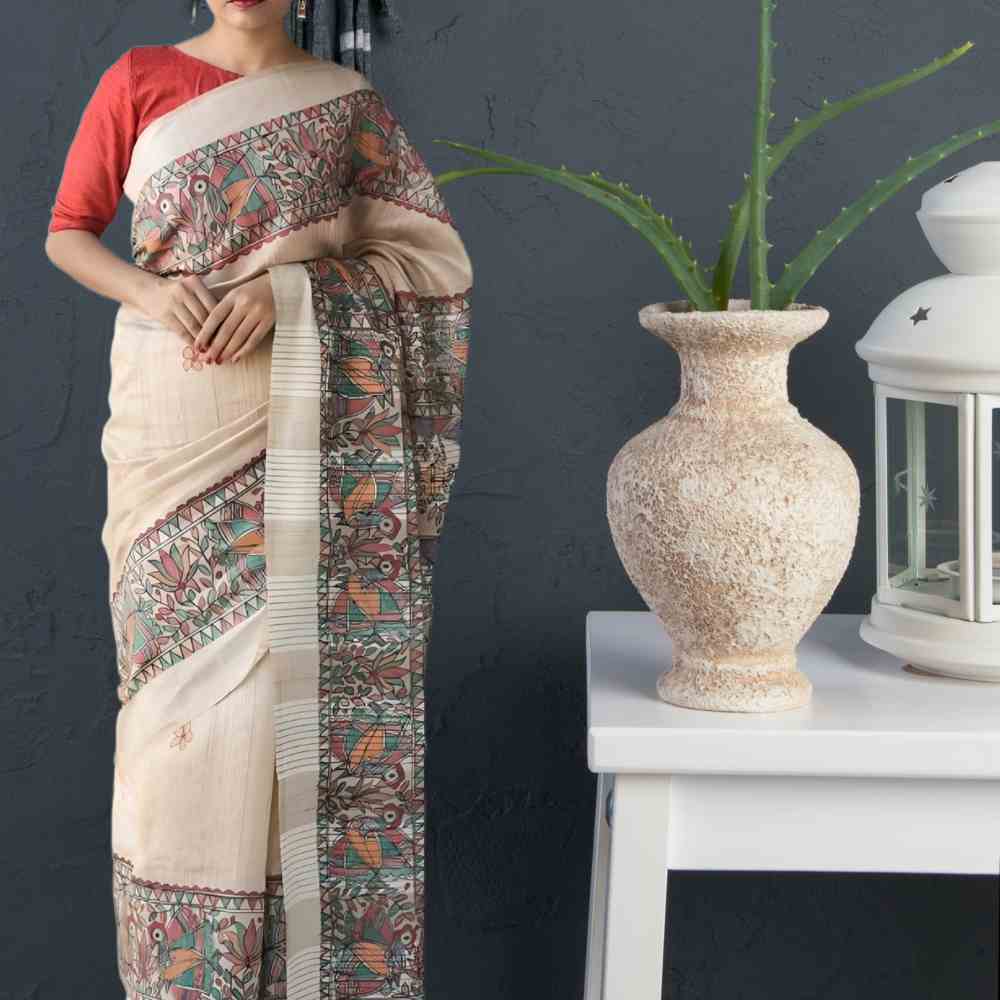 Tussar Saree with Madhubani Bride, Doli, and Kaahar Painting